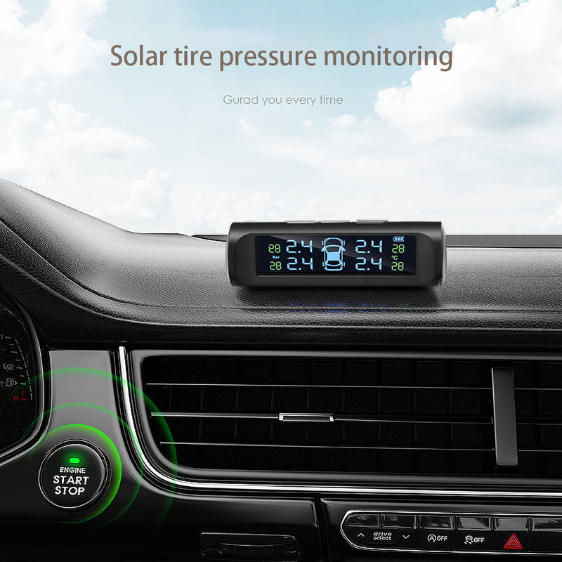Sistema de monitoramento de pressão de pneus tpms, carregamento usb ou solar, display lcd digital hd, ferramenta de alarme automático, 4 sensores externos sem fio