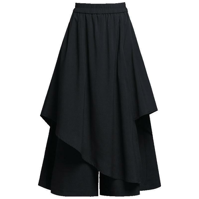 Saia Capris preta com cintura alta elástica feminina, moda vintage solta, calça casual fina e versátil, moda coreana, verão, nova
