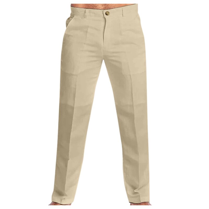 Pantalones largos de lino para hombre, pantalón holgado informal de Color sólido con bolsillo, talla grande, para la playa, a la moda, primavera y verano