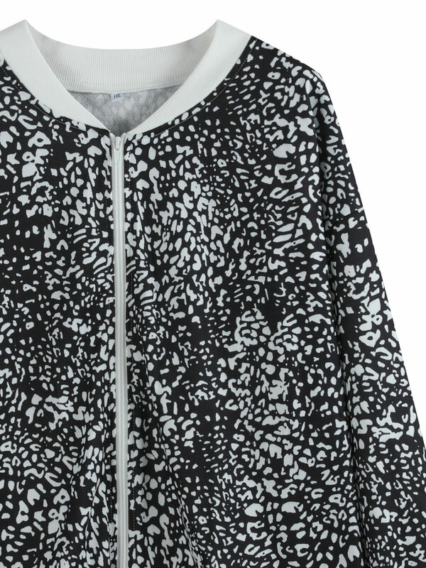 Plus Size Casual Jacket, Women's Plus Dalmatian Print Zipper Long Sleeve Round Neck Bomber Jacket