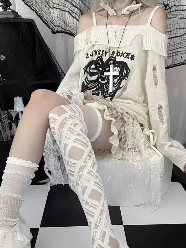 HOUZHOU Y2k Harajuku gotyckie dzianinowe swetry kobiety japońska moda seksowna czaszka z ramienia punkowe dziewczyny dziura luźny sweter