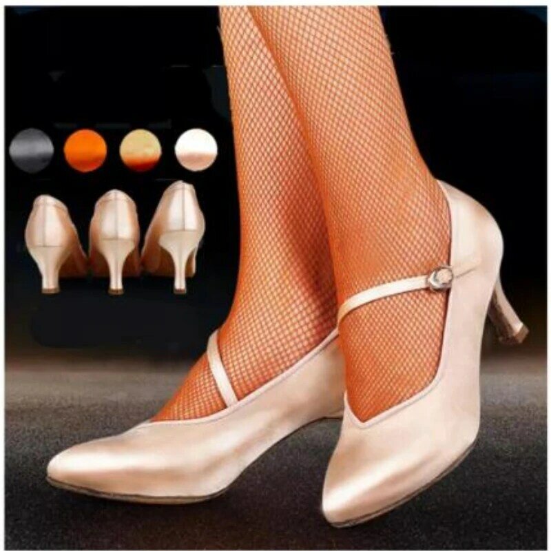 Sapatos de dança de salão padrão para mulheres, cetim tan, salto baixo alto, sola macia, sapatos modernos para senhoras