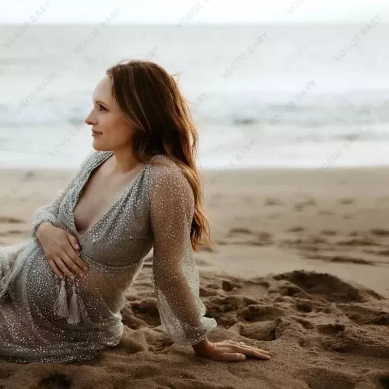 Gaun fotografi ibu hamil, peralatan mandi hamil, gaun panjang mengambil foto pantai liburan renda Maxi
