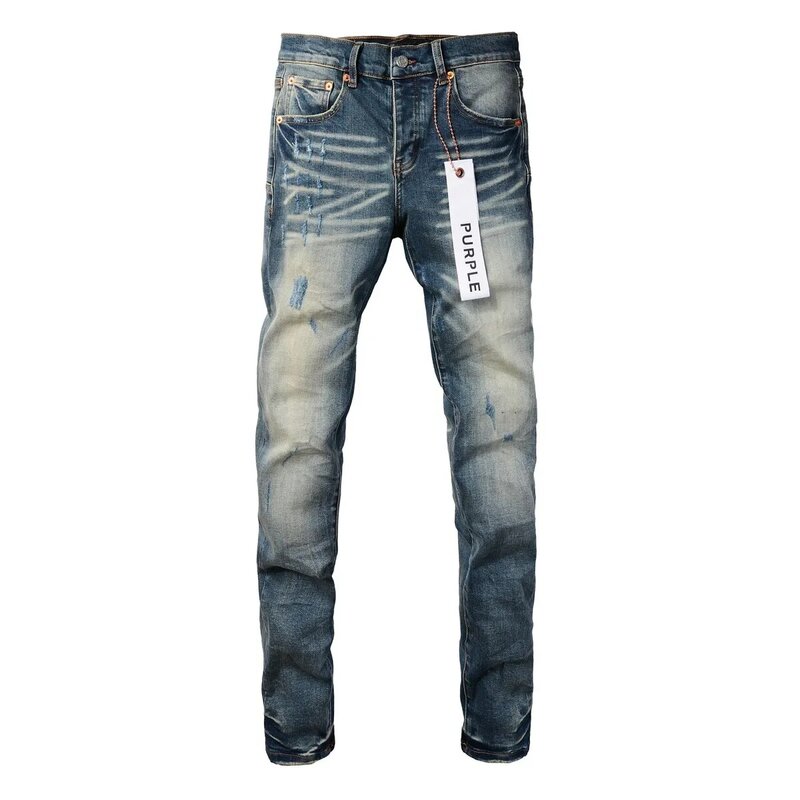 Hochwertige lila Marke Jeans Mode hochwertige Distressed Blue Jeans modische Reparatur niedrige leichte enge Jeans hose