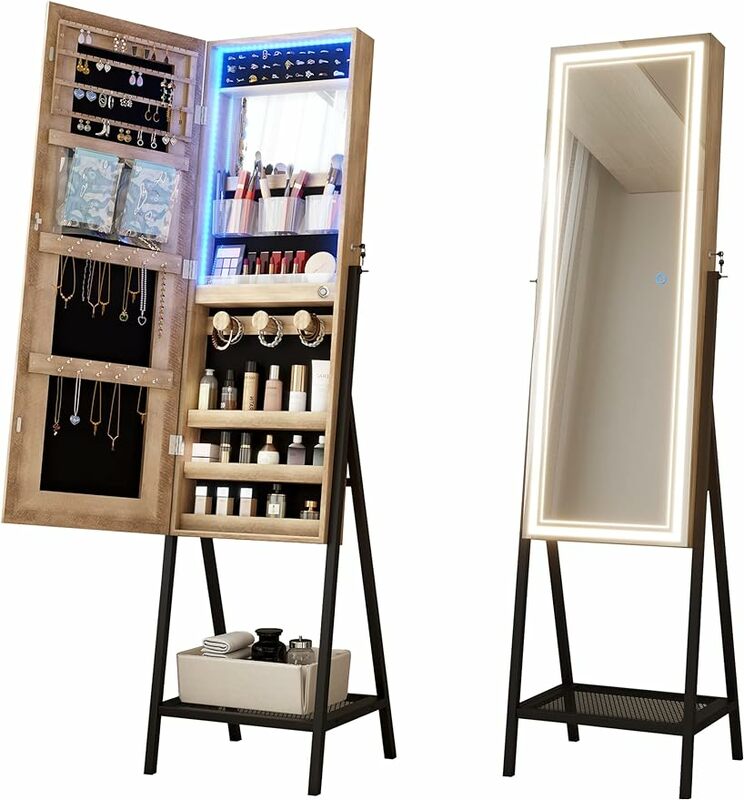 Vlsrka Mirror Jewelry Cabinet Standing with LED, Jewelry Mirror Full Length with Built-in Makeup Mirror & Lights