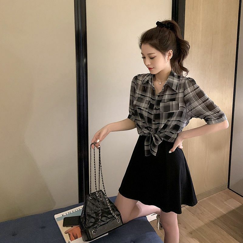 2024 Summer New Age Reducing Two Piece Set for Women's Checkered Sunscreen Shirt Paired with Black Strap Dress Two Piece Set