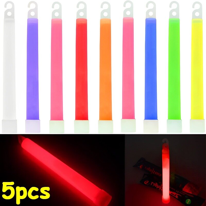 5 buah tongkat cahaya bercahaya warna-warni dengan kait glowstick untuk Aksesori berkemah tongkat lampu pesta konser darurat Cheering