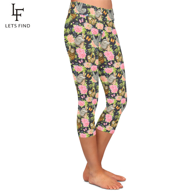 LETSFIND moda nuove donne Casual Capri Leggings bradipi e fiori stampa digitale vita alta Fitness Stretch pantaloni a metà polpaccio 3/4