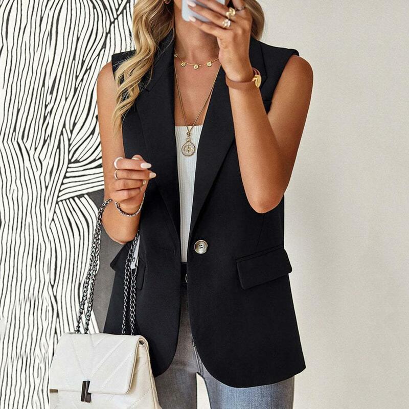 Suit Waistcoat Elegant Women's Sleeveless Waistcoat with Lapel Collar Flap Pockets Solid Color Single Button Vest for Spring