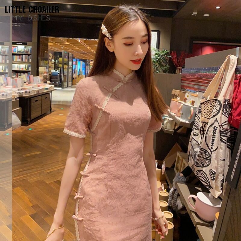 Kobiety Qipao ulepszona Qipao lato Chinoiserie różowa chińska młoda dziewczyna mała świeża Vintage elegancka sukienka dziewczyna