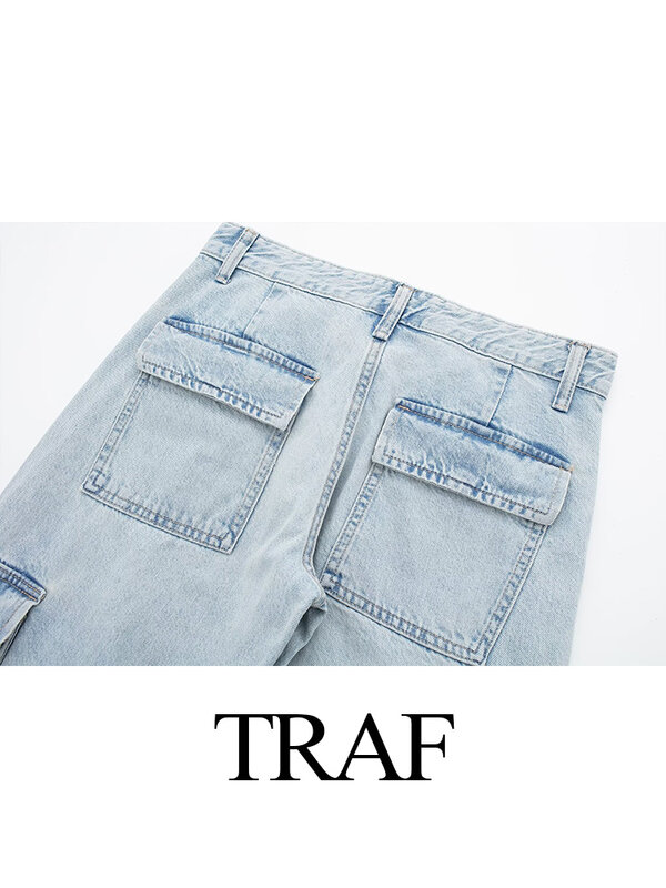 TRAF 2023 New Women Fashion Casual Lace up Wide Leg Baggy Jeans Offiice Lady With Pocket Loose Straight Pants Female Trousers