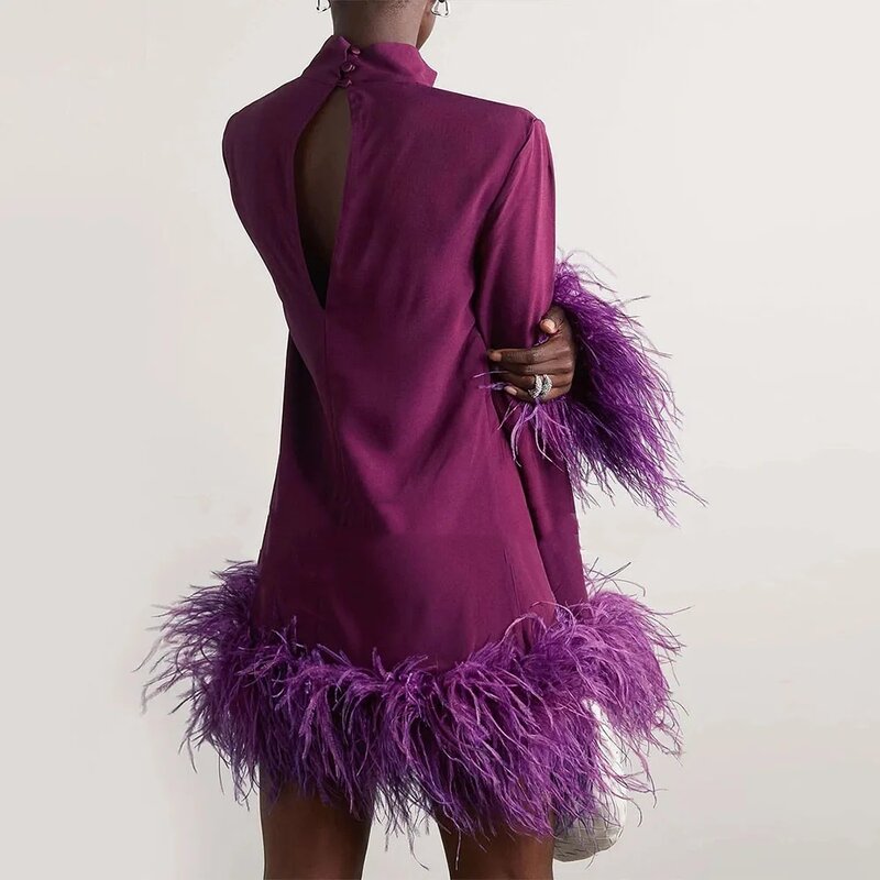 Женское мини-платье с перьями и длинным рукавом, роскошные коктейльные платья, короткое ТРАПЕЦИЕВИДНОЕ ПЛАТЬЕ с высоким воротником и разрезами, вечернее праздничное платье