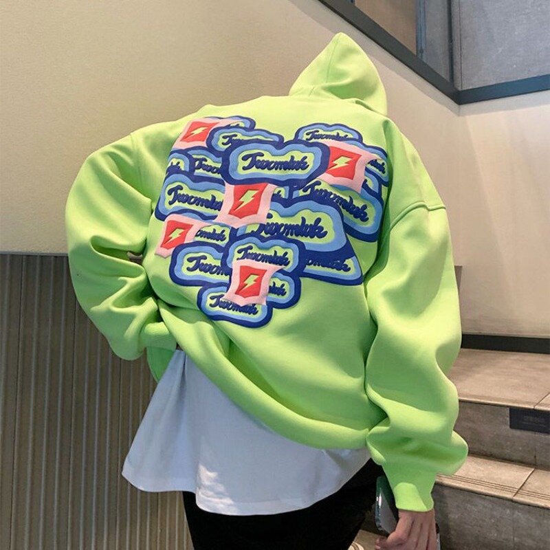 Sweater personality foam print letter hooded jacket hip-hop couple wear men's and women's pullover top fluorescent green  LOOSE