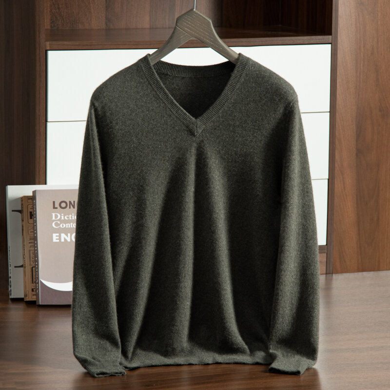 Sweater kasmir lengan panjang pria, pakaian pullover leher V longgar bergaya Korea untuk pria 100%
