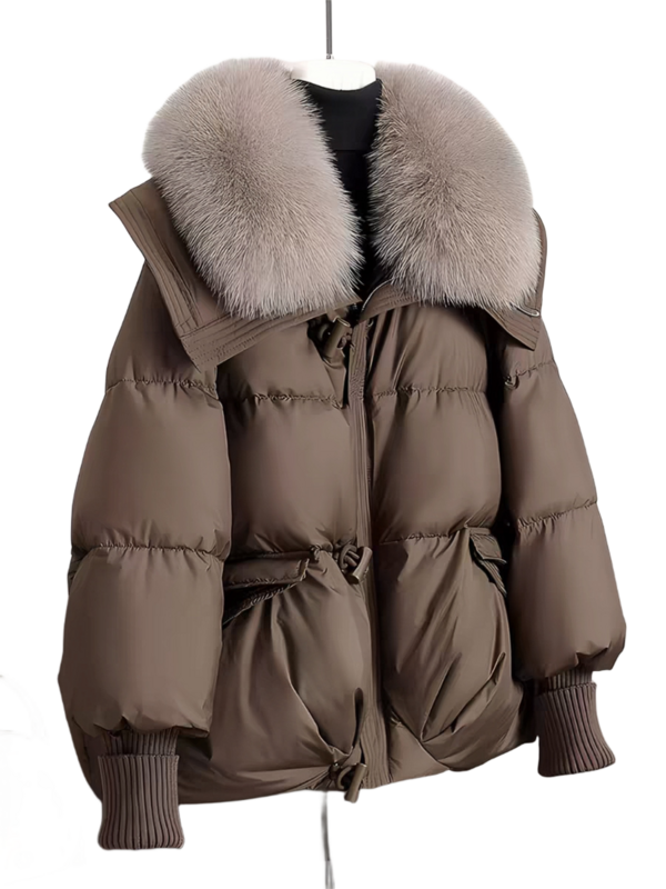 여성 빅 칼라 숏 다운 재킷, 두꺼운 화이트 덕 다운 인조 모피, 세련된 이국적 스타일, 겨울 신상