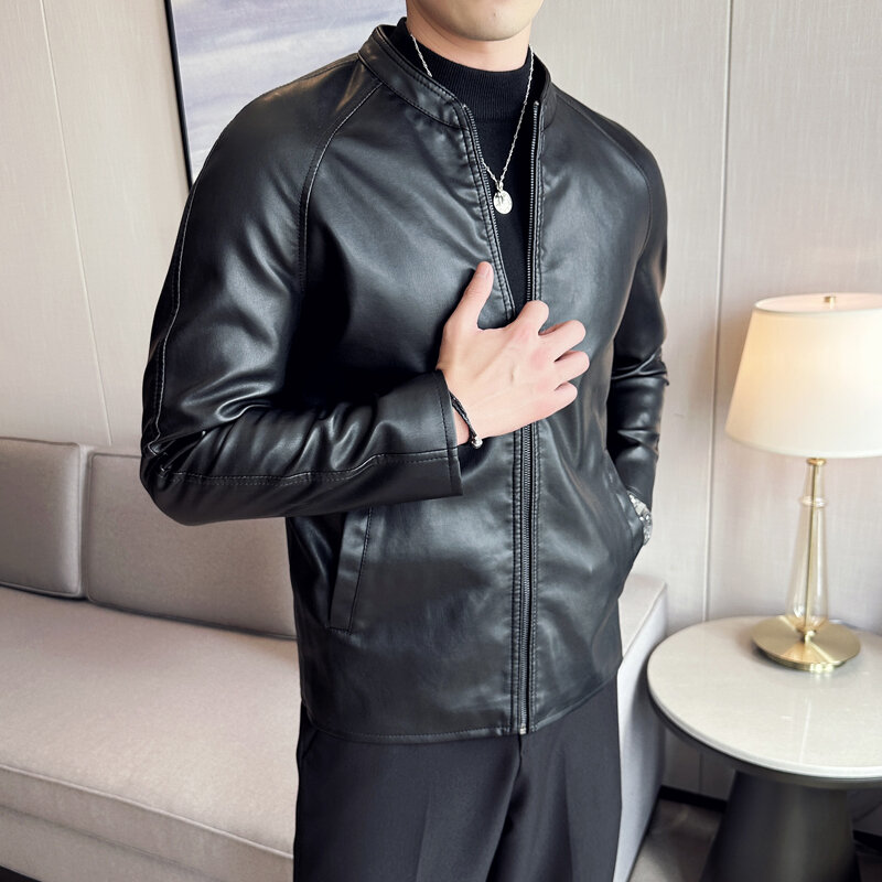 Męska czarna skórzana kurtka wersja koreańska modna, slim fit kurtka bomber kurtka motocyklowa osobowość odzież męska