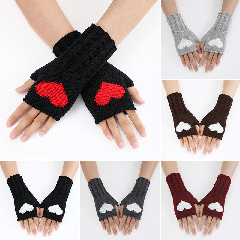 Malha meio-dedo luvas com coração bordado, lã braço mais quente, Crochet japonês, luvas sem dedos, impressão, Y2k, inverno