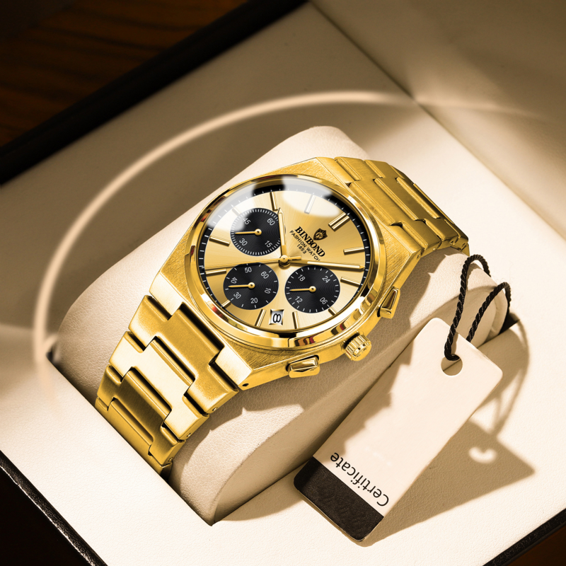 Relógio de pulso de aço inoxidável masculino, Quartz Watch, Impermeável, Cronógrafo, Luminoso, Data, Negócios, Luxo, Esportes