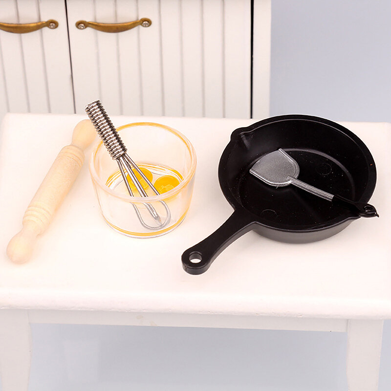 1Set 1:12 Dollhouse Miniature Kitchenware Pan Rolling Pin Spatula Egg Beater Bowl Model Kitchen Utensils Decor Toy