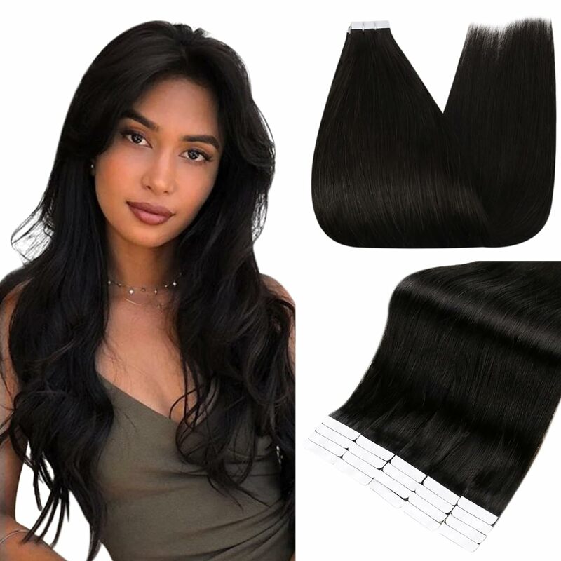 Natural Remy Human Hair Tape In Extensions Salon Quality 16-26 Inch Adhesive Skin Weft Hair Silky Straight Color #1B For Women