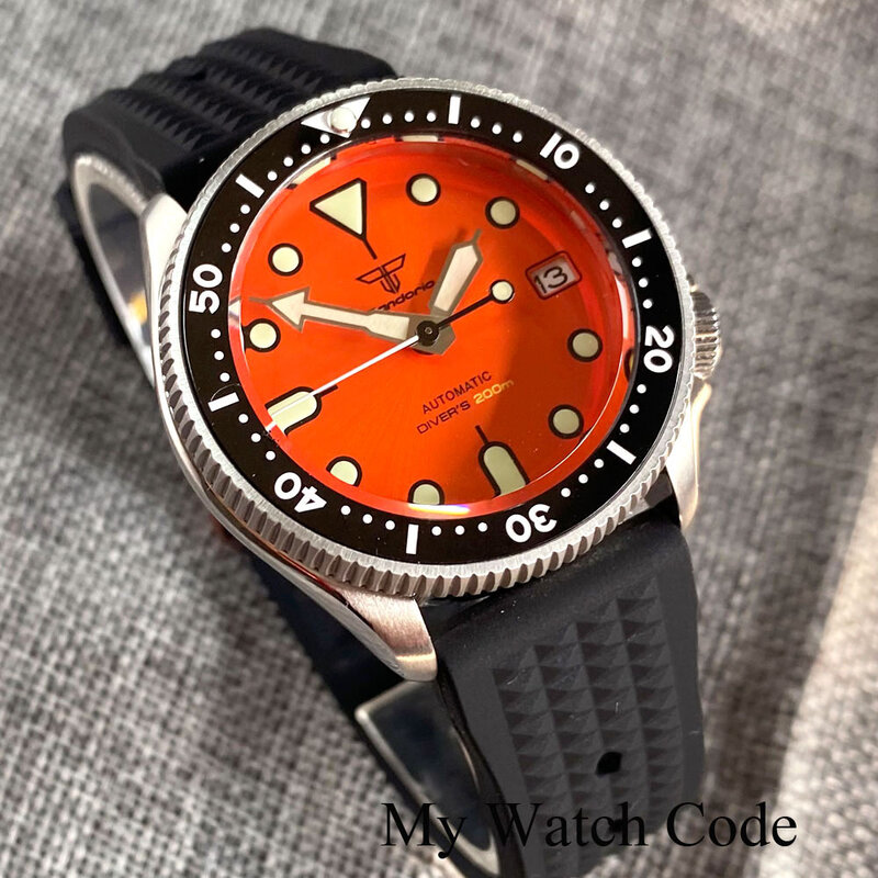 SKX013 Mod 200M กันน้ำกันน้ำนาฬิกากลไกผู้ชาย Sunburst Orange Diver นาฬิกาข้อมือ37Mm Lady นาฬิกา Waffle Band 3.8 Crown