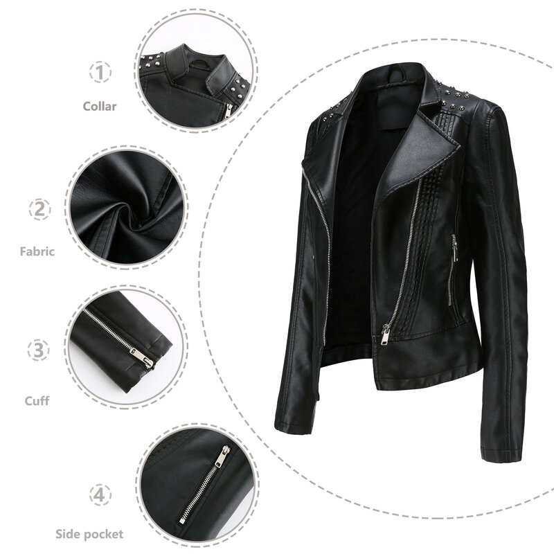2024 European Size Women's Beaded PU Leather Coat Women's Fashion Lapel Motorcycle Leather Coat