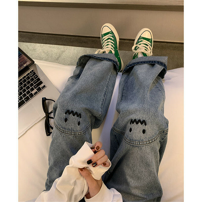 Streetwear Korean Fashion Smiley Embroidery Jeans Woman High Waist Y2k Straight Baggy Pants Versatile Casual Blue Denim Trousers