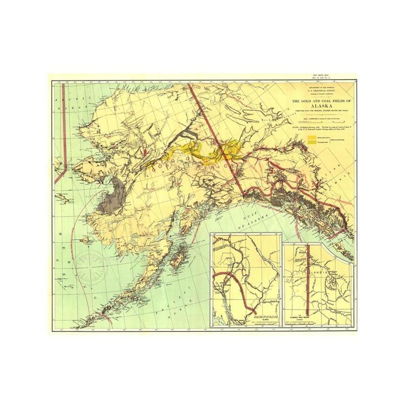 1898 Edition Vintage Decor Karte Wand Dekor Malerei Die Gold und Kohle Bereichen von Alaska Karte 90x90cm spray Malerei für Wohnzimmer