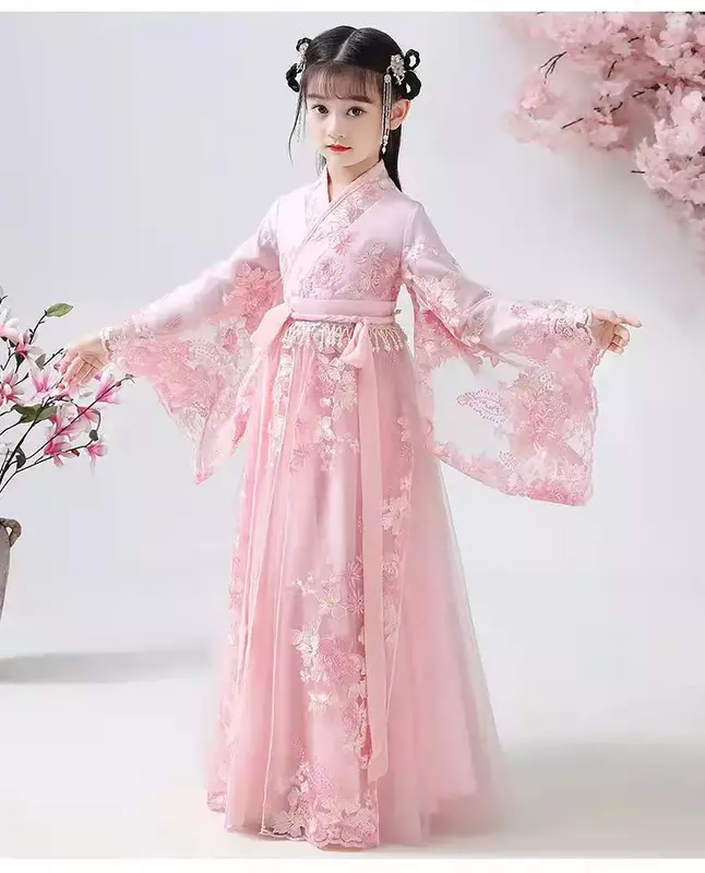 Chinese Traditional Folk Dance Dress Girls Pink Dance Fairy Costume Hanfu Girls Princess Dresses Set Kids Party Cosplay Clothing