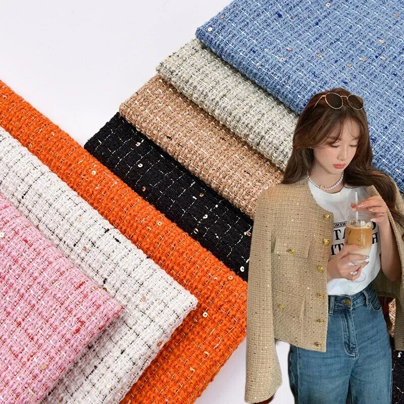 Sequins Tweed Fabric By The Meter for Coats Skirts Clothes Vest Bags Sewing Thickened Winter Cloth Fashion Plaid Drape Soft Pink