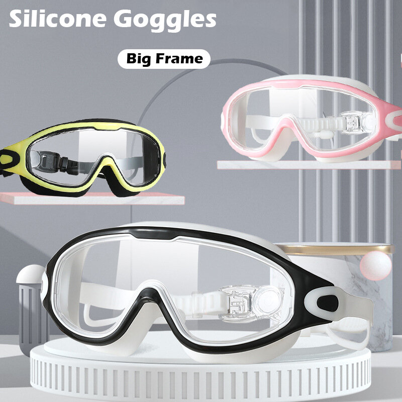 Óculos de natação Big Frame para homens e mulheres, óculos de silicone, óculos com tampões de ouvido HD anti-nevoeiro, acessórios de natação