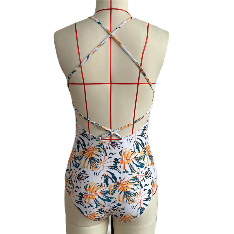 Mode cetak Bikini tali punggung terbuka Monokini kain perca jala baju renang perban tali serut liburan pakaian renang wanita pakaian mandi pantai