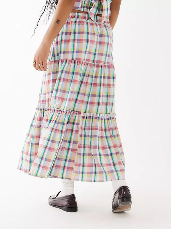 Women's Summer Plaid Print Skirt Elastic Waist Tiered A-Line Casual Midi Skirts Streetwear