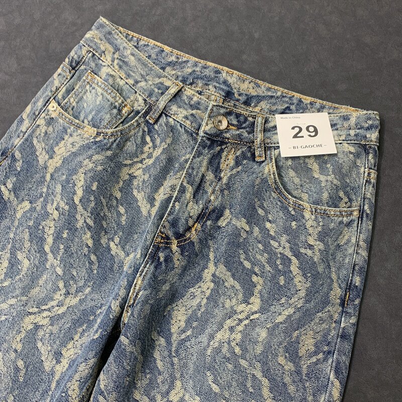 High Street Trendy American Jacquard Full Print Jeans Men Loose Straight Personalized Wide Leg Pants for Men