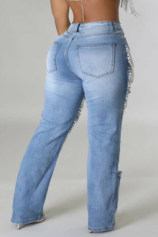 Women Plus Size Pearls Jeans Casual Vintage Cutout High Waist Y2K Streetwear Pearls Denim Jeans Pockets Slim Denim Trousers