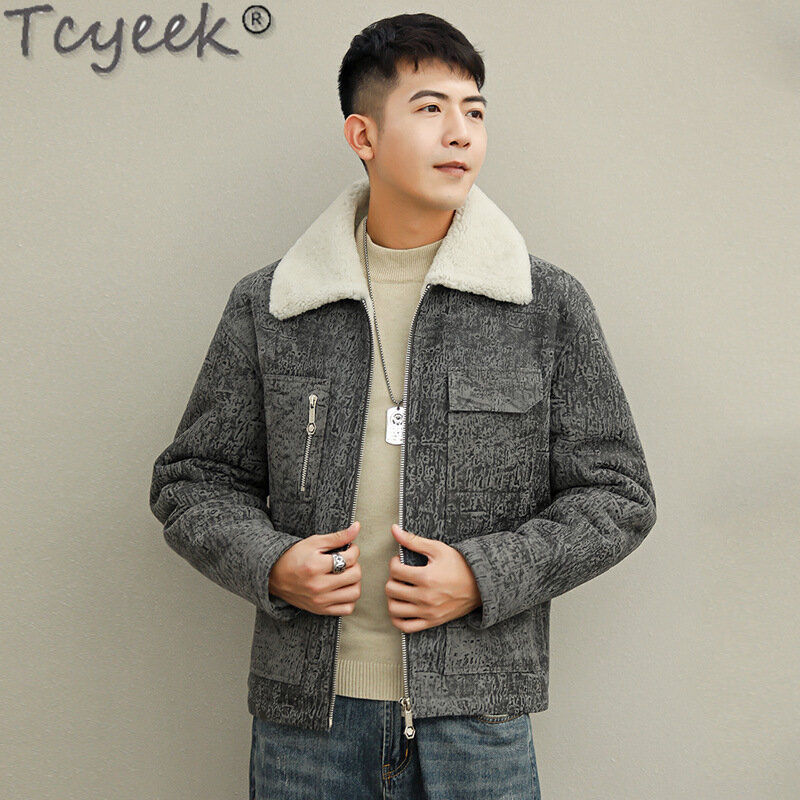 Tcyeek-Manteau en peau de mouton naturelle pour hommes, veste en cuir véritable, vestes de moto pour hommes, manteau en laine et fourrure véritable, vêtements d'hiver, mode