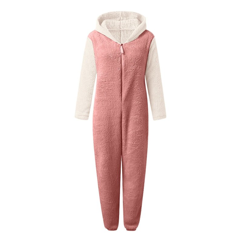 Artificial Wool One-Piece Pajamas Womens Winter Warm Long Sleeve Hooded Jumpsuit Flannel Zipper Pyjamas Homewear Nightgowns