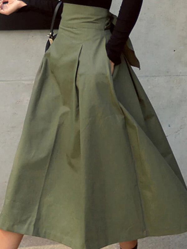 Faldas de moda coreana para mujer, faldas largas de Color sólido, con lazo de cintura alta, Otoño, 2024