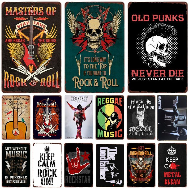 Retro Rock and Roll Tin Signs, Música Filme Arte Cartazes, Old Punks, Vintage Metal Sign, Placa De Parede De Guitarra, Café Bar, Home Decor