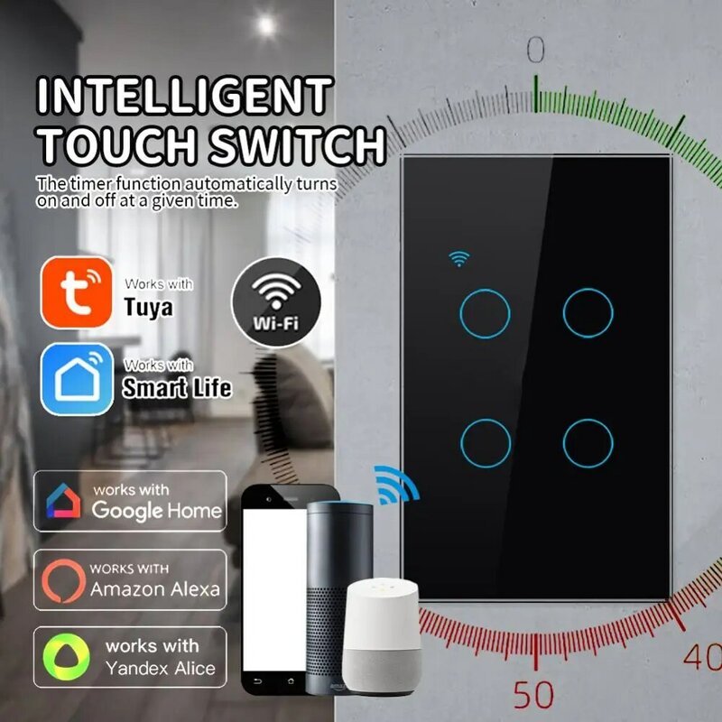 Xiaomi-Smart Touch Switch, Tuya WiFi, Fio Neutro Necessário, Controle de Vida Inteligente, Trabalhe com Alexa, Google Home Assistant, 1 Gang, 2 Gang, 3 Gang, 4 Gang