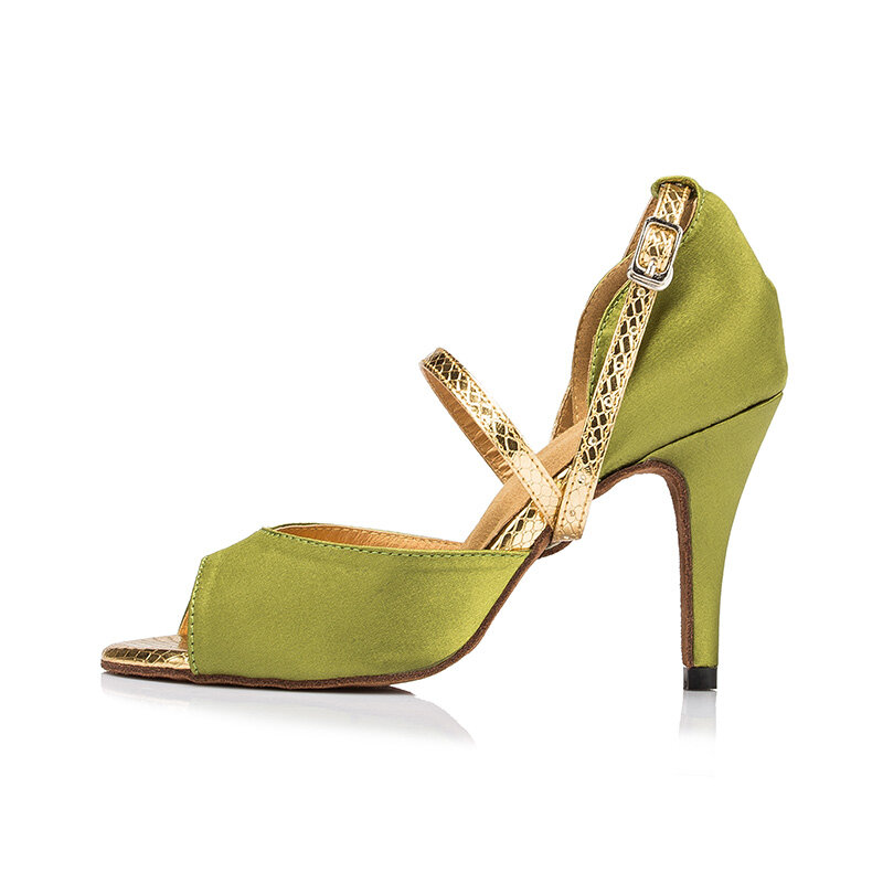 Zapatos de baile latino para mujer, calzado de satén verde con tacón personalizado, suela de gamuza suave para interiores, Tango, Salsa, cha-cha, 2024