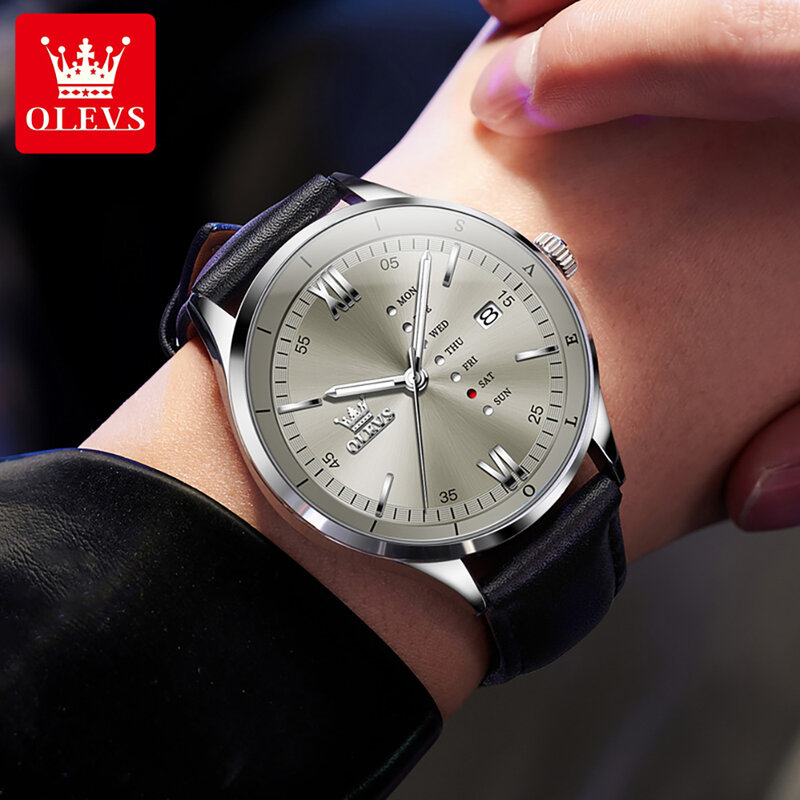 ساعة كوارتز جلدية مقاومة للماء من OLEVS للرجال ، تصميم الأسبوع ، التقويم ، ساعات العمل ، الموضة الجديدة