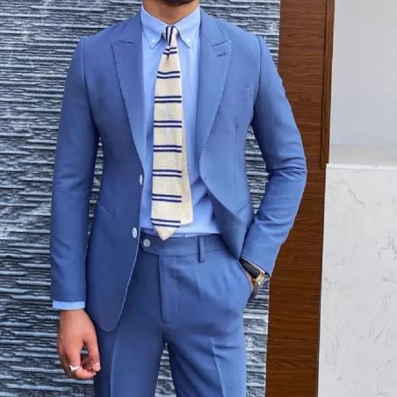 Traje de negocios para hombre, traje informal de 2 botones, color negro, blanco y azul, traje de lujo ajustado de 2 piezas