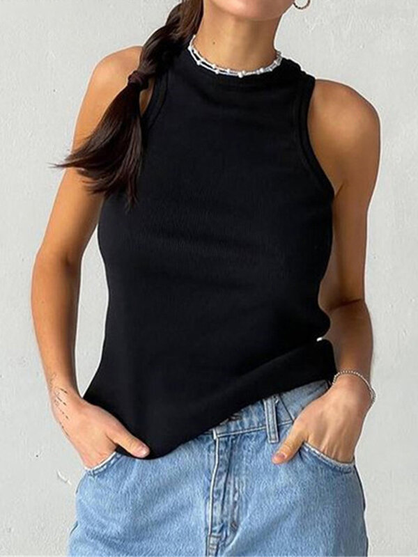 Ribbed Knitted Tops Neck Summer Basic Shirts White Black Casual Sport Vest Off Shoulder Green Women's Tank Top