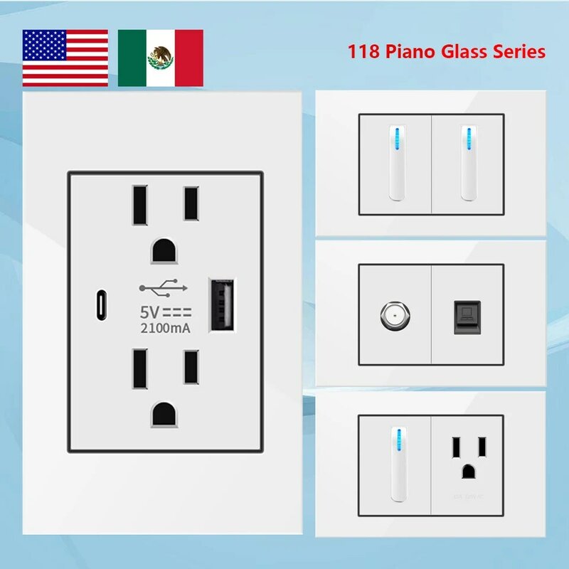 Amerikaanse Standaard Stopcontact Usb Type C Stopcontact Stekker, Ons Mexico Wit Glazen Paneel Piano Licht Elektrische Schakelaar 118*75Mm