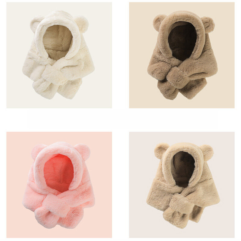 Szalik zimowy czapka dla niemowląt jednoczęściowy czapki dla dzieci ze sztucznego futra Cartoon niedźwiedź ciepłe nauszniki na szyję dla chłopców dziewczynki wiatroszczelne czapki niemowlęce