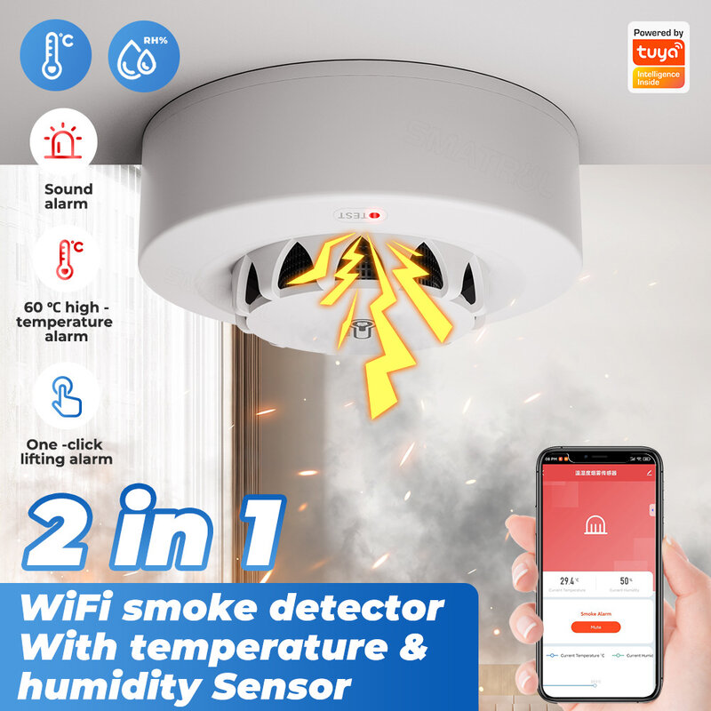 Tuya-Alarme de fumée intelligente Wifi, détection de température et d'humidité incendie, hygromètre pour Alexa, Google Home, système de sécurité pompier