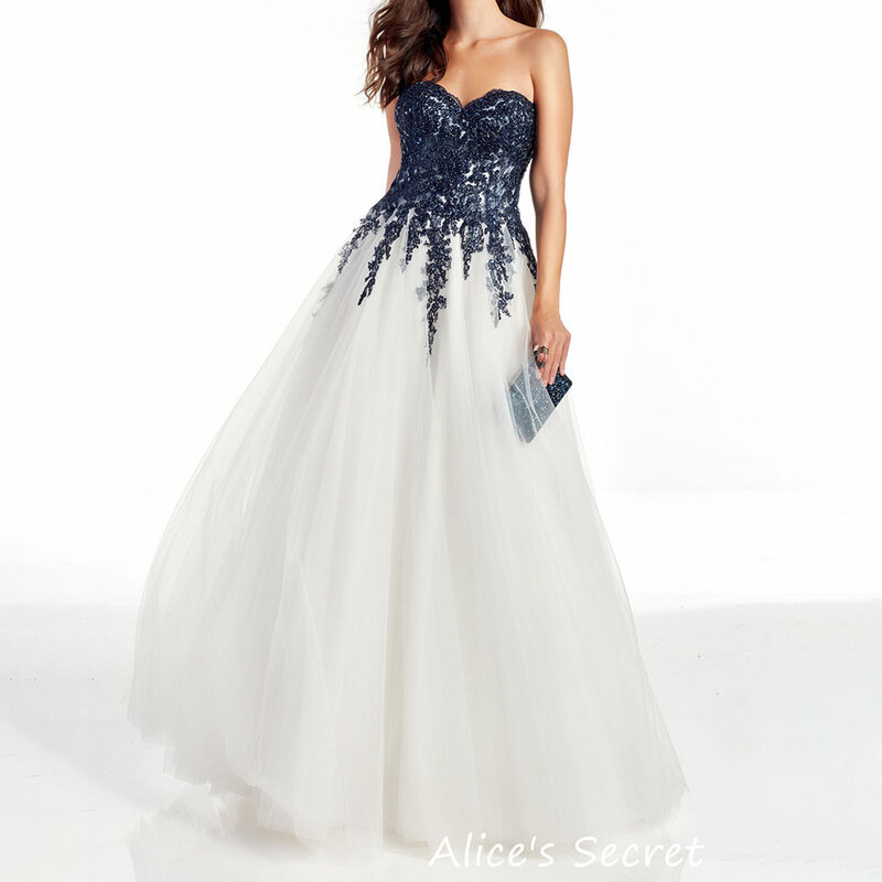 A-Line Tulle Lace Prom Dress Evening Gown Strapless Sleeveless Sweetheart Appliqued Pleated Floor Length