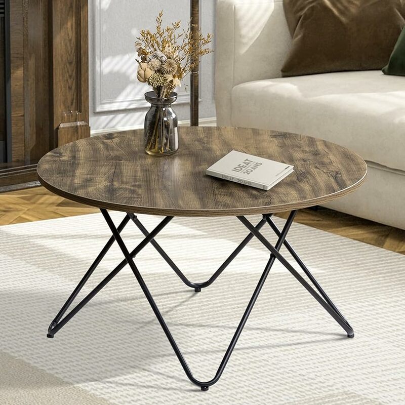Mesa redonda com grão de madeira, pequena mesa de café para sala de estar e escritório, mesa de sofá moderna, mesa e eu,