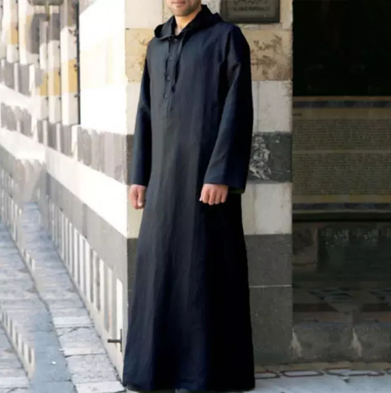 Muslim Men Jubba Thobe Long Sleeve Hooded Breathable Robes Men Thobe Robe Loose Dubai Saudi Arab Kaftan Men Clothes